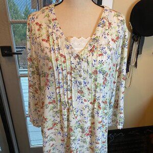 EUC Rose & Olive 2X Multicolor Floral Print V-neck Pintuck 3/4 Sleeve Blouse